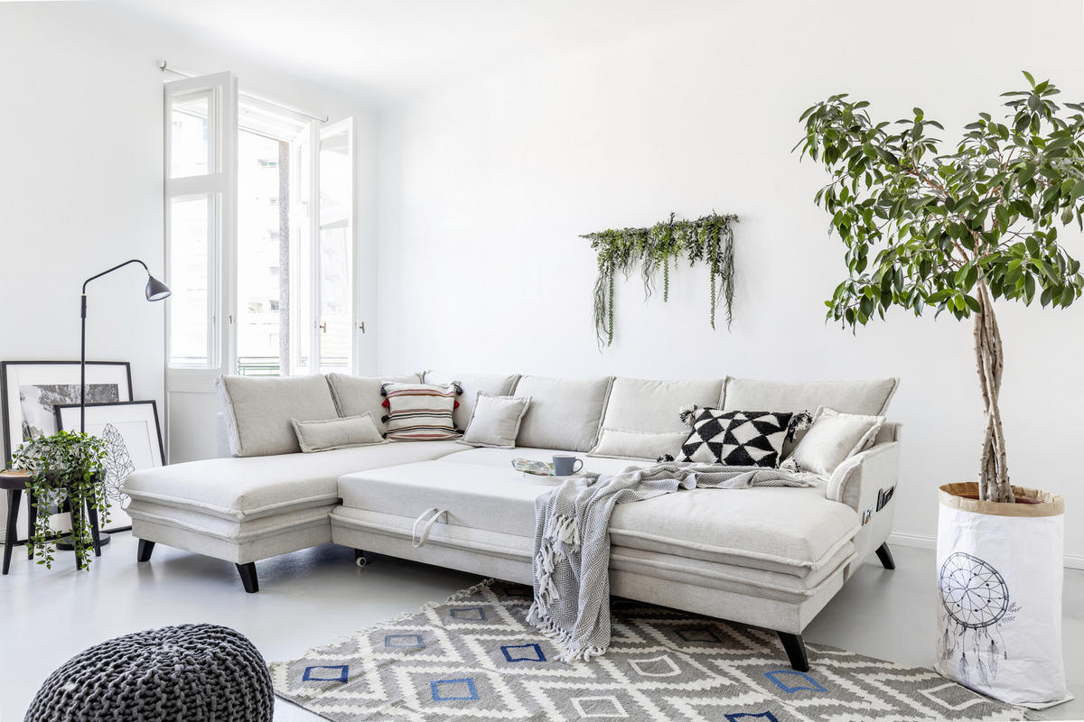 WOHNLANDSCHAFT Charming Charlie Beige Webstoff  - Beige/Schwarz, Basics, Holz/Holzwerkstoff (200/300/150cm) - MID.YOU