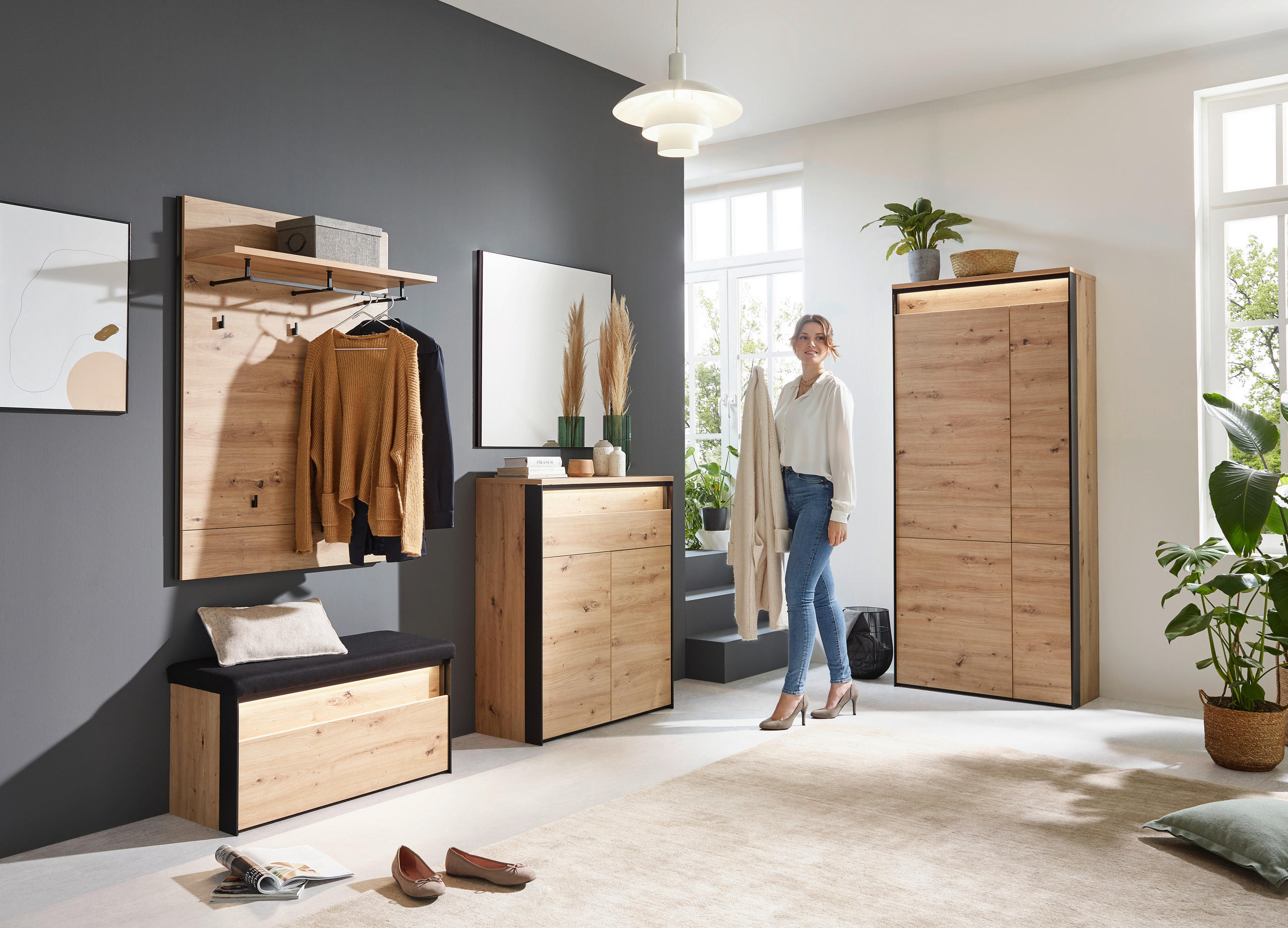 GARDEROBE 5-teilig  in 266/200/38 cm  - Schwarz/Eiche Artisan, KONVENTIONELL, Glas/Holzwerkstoff (266/200/38cm) - Voleo