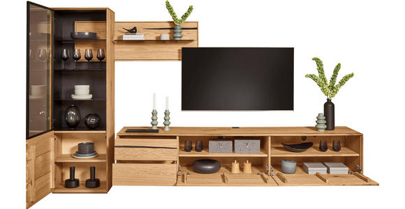 WOHNWAND  in Schwarz, Eichefarben  320/192/50 cm  LED-COB-Leuchtmittel, Dekoleuchtmittel   - Eichefarben/Schwarz, Natur, Glas/Holz (320/192/50cm) - Waldwelt
