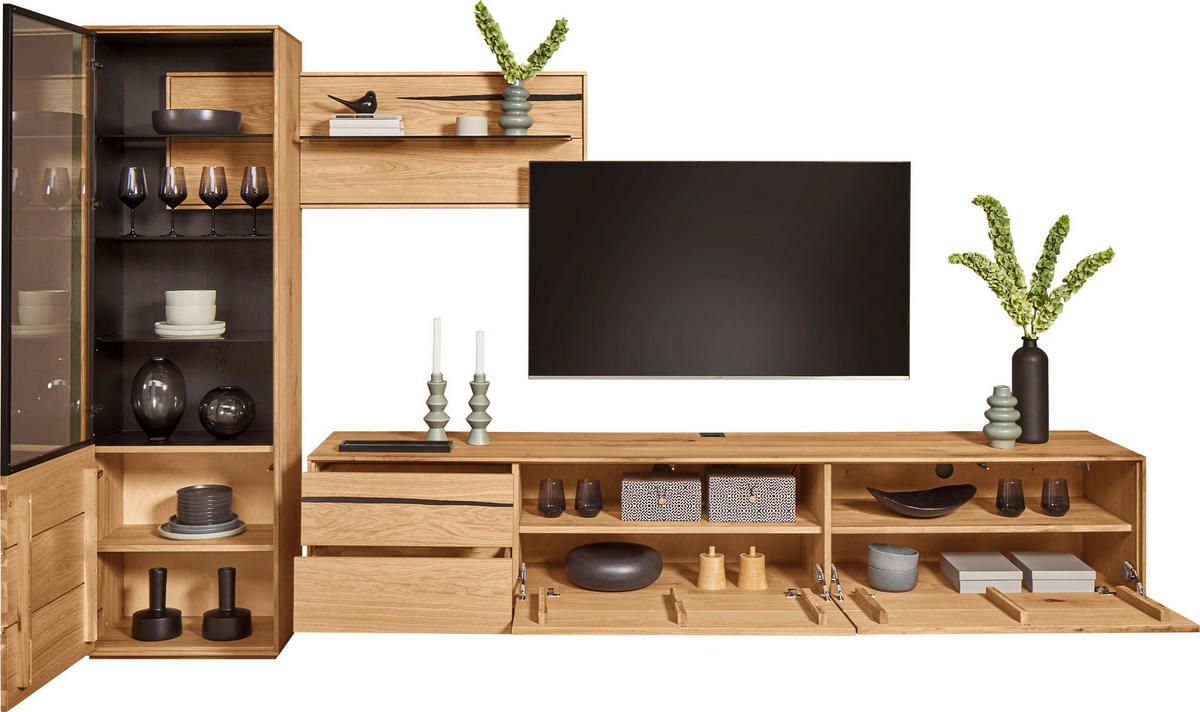 WOHNWAND  in Schwarz, Eichefarben  320/192/50 cm  - Eichefarben/Schwarz, Natur, Glas/Holz (320/192/50cm) - Waldwelt