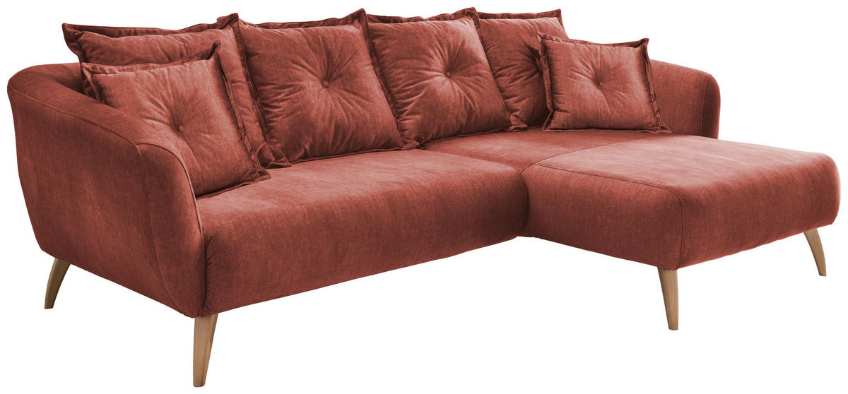 ECKSOFA  in Velours Koralle  277/162 cm  - Koralle/Buchefarben, MODERN, Holz/Textil (277/162cm) - Livetastic