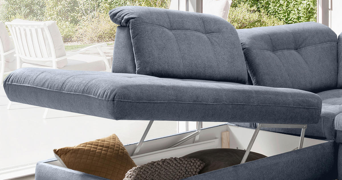 WOHNLANDSCHAFT in Chenille Hellblau  - Schwarz/Hellblau, Modern, Textil/Metall (252/387/184cm) - Livetastic