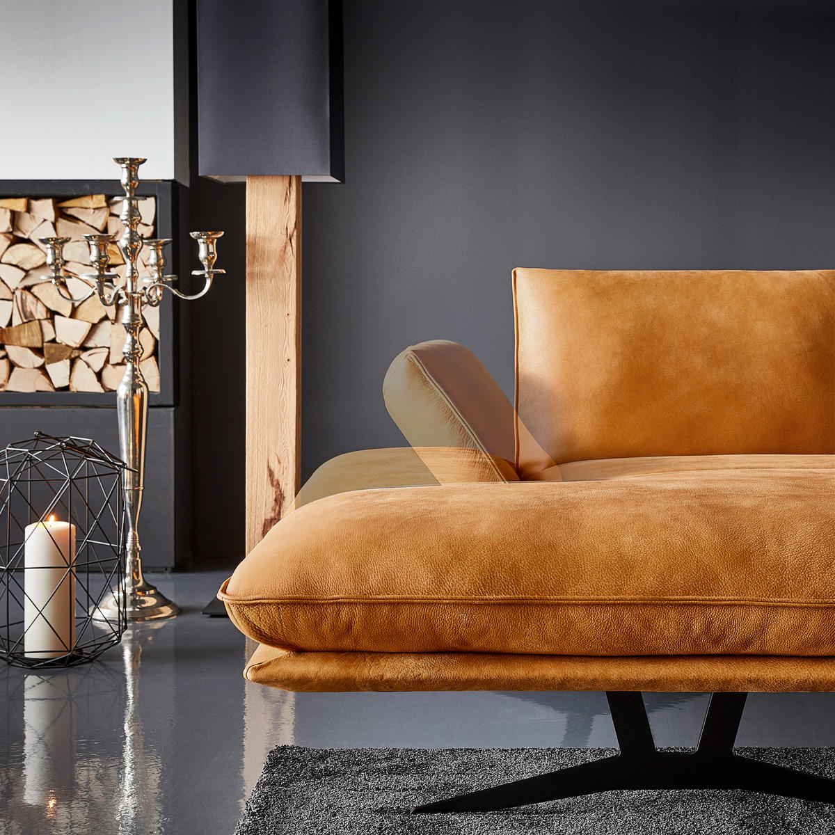WOHNLANDSCHAFT Currygelb Echtleder  - Currygelb/Schwarz, Natur, Leder/Metall (217/359/155cm) - Dieter Knoll
