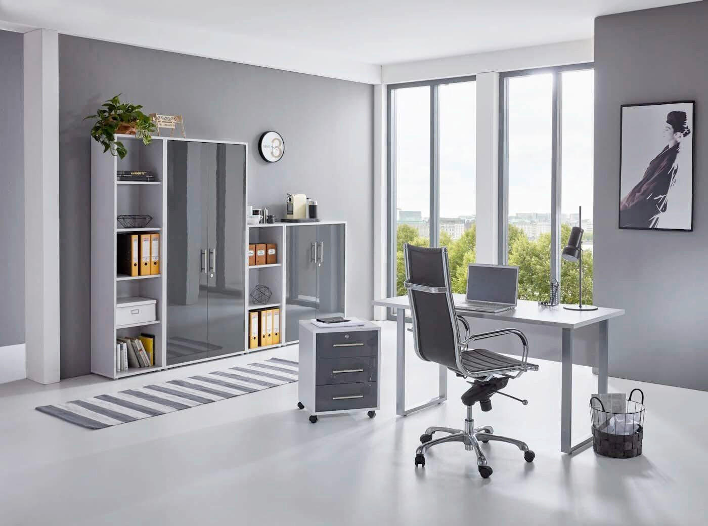 BÜRO erweiterbar, abschließbar Grau, Anthrazit Hochglanz - Anthrazit Hochglanz/Grau, MODERN, Holzwerkstoff/Metall - MID.YOU