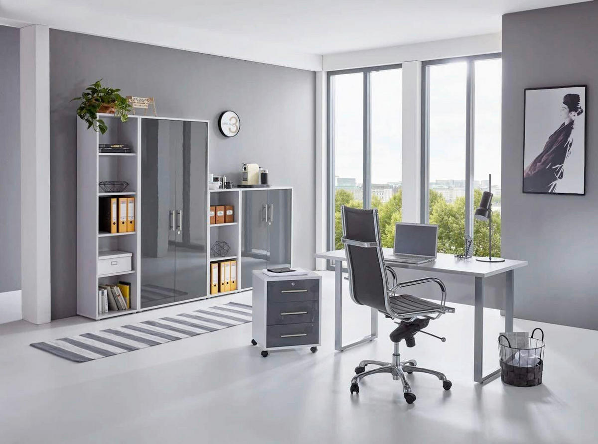 BÜRO erweiterbar, abschließbar Grau, Anthrazit Hochglanz - Anthrazit Hochglanz/Grau, MODERN, Holzwerkstoff/Metall - MID.YOU