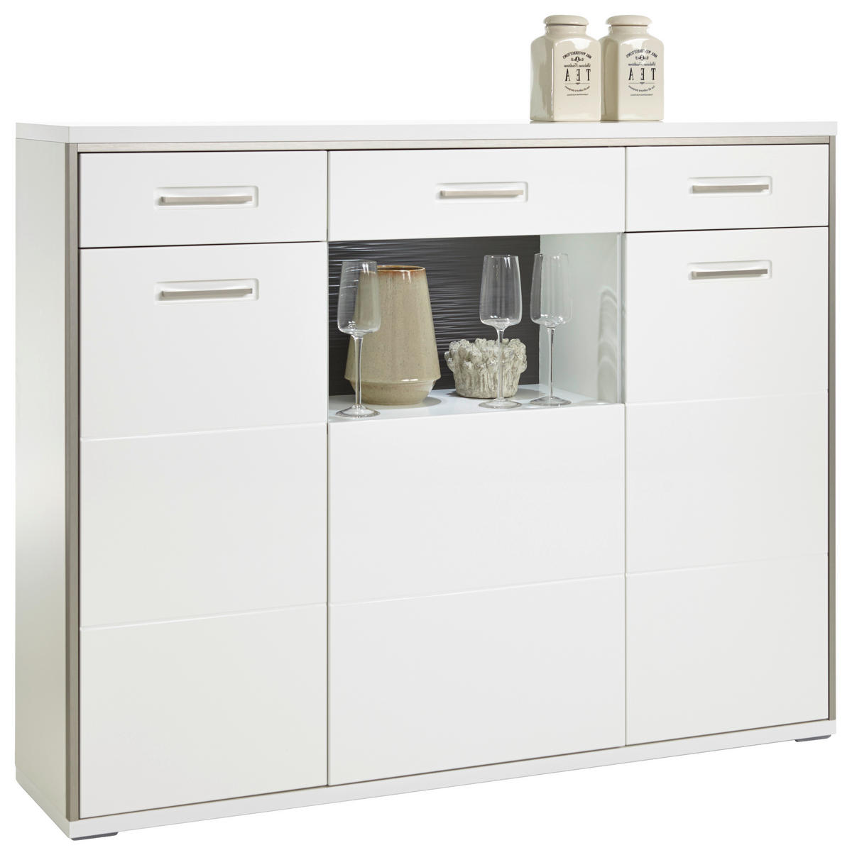 HIGHBOARD ohne Beleuchtung, Accra  in 153/121/45 cm  - Weiß Hochglanz/Silberfarben, Design, Glas/Holzwerkstoff (153/121/45cm) - Livetastic