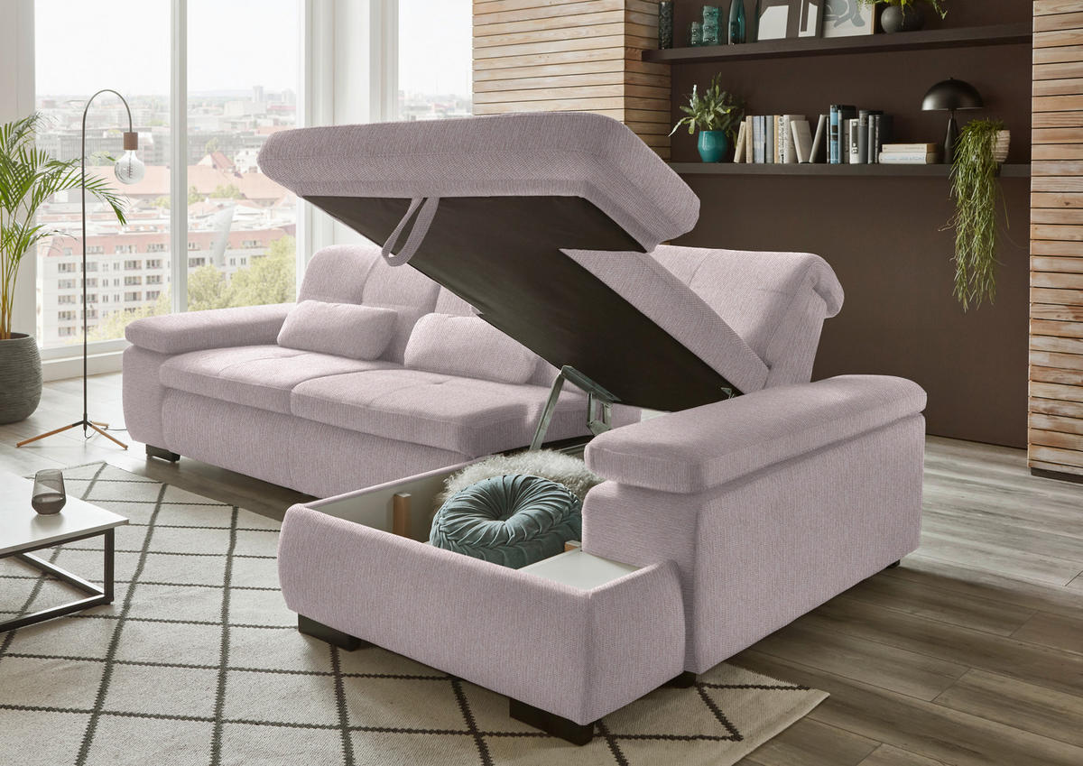 ECKSOFA in Flachgewebe Hellrosa  - Hellrosa/Schwarz, Design, Textil/Metall (297/174cm) - Beldomo Style