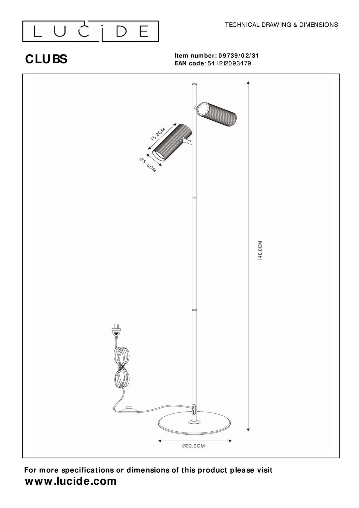 STEHLEUCHTE CLUBS 22/22/140 cm   - KONVENTIONELL, Metall (22/22/140cm) - Lucide