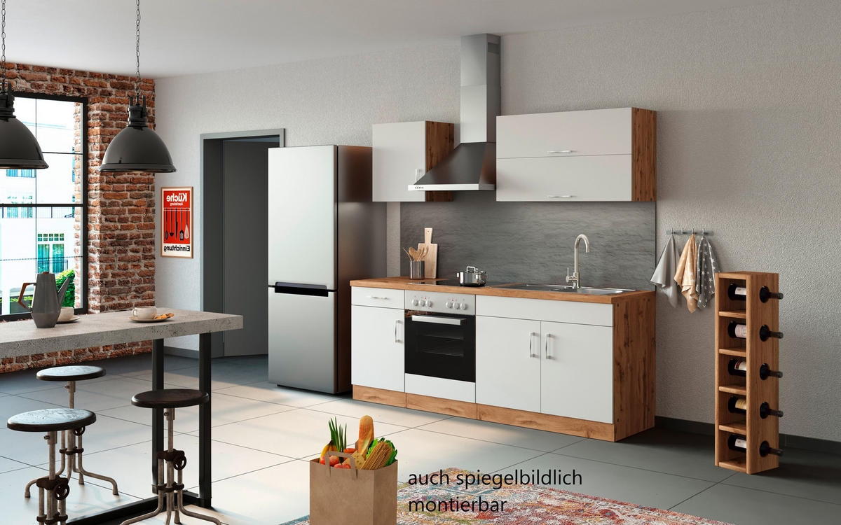 KÜCHENBLOCK 210 cm   in Weiss, Eiche Wotan  - Chromfarben/Weiss, Modern, Holzwerkstoff/Metall (210cm) - Held
