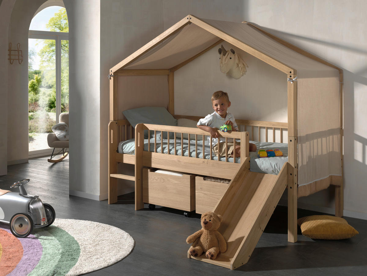 HAUSBETT Absturzsicherung, Leiter, Rutsche, Rollrost, Bettschublade 90/200 cm  in Eichefarben  - Eichefarben/Naturfarben, MODERN, Holz (90/200cm) - MID.YOU