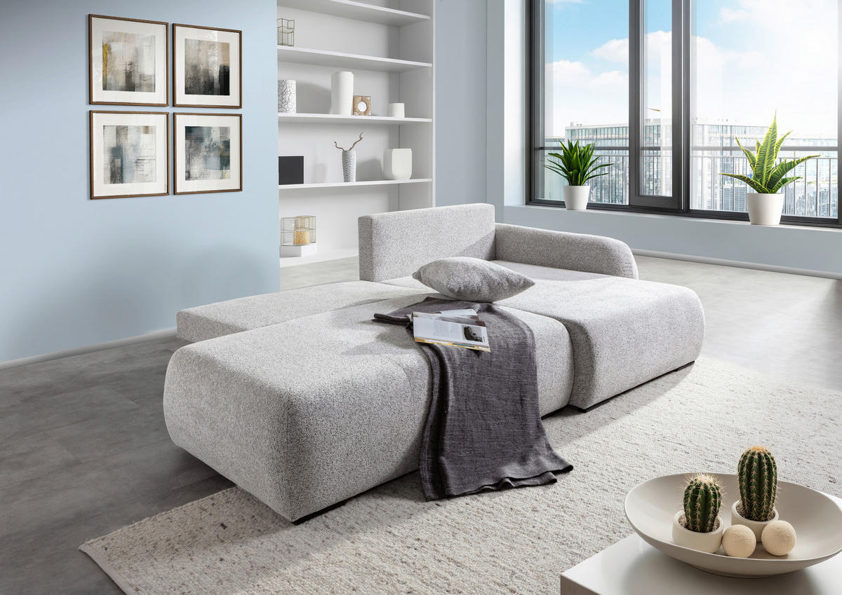 ECKSOFA Grau Flachgewebe Zierkissen, Rückenkissen, Bettkasten, Schlaffunktion, Rücken echt, Liegefläche im Originalstoff  - Schwarz/Grau, KONVENTIONELL, Kunststoff/Textil (260/145cm) - Carryhome