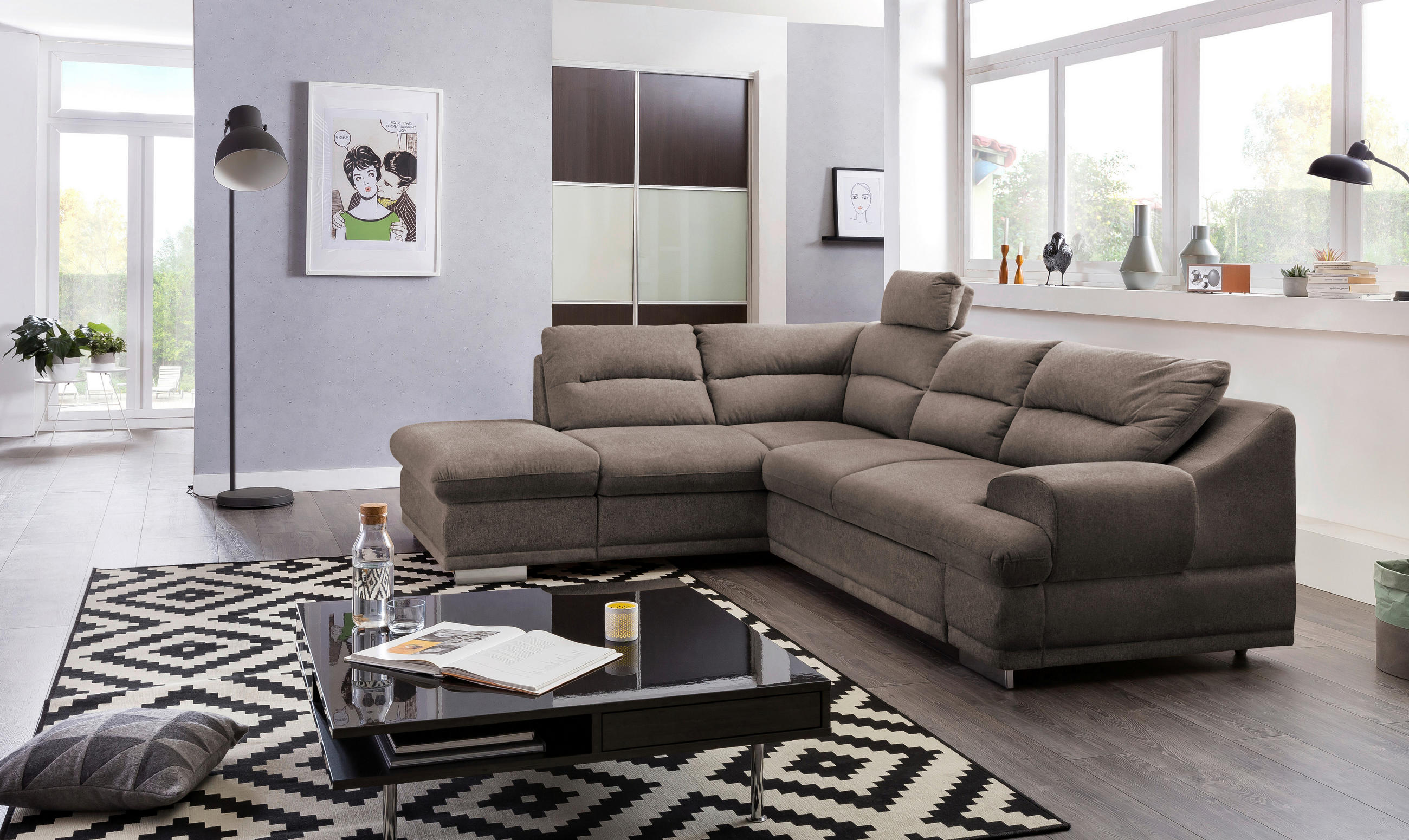 Thumbnail - Mid.you Wohnlandschaft, Braun, Textil, 4-Sitzer, Ottomane links, L-Form, 264x217 cm, Made in EU, Armteil rechts, Kopftei...