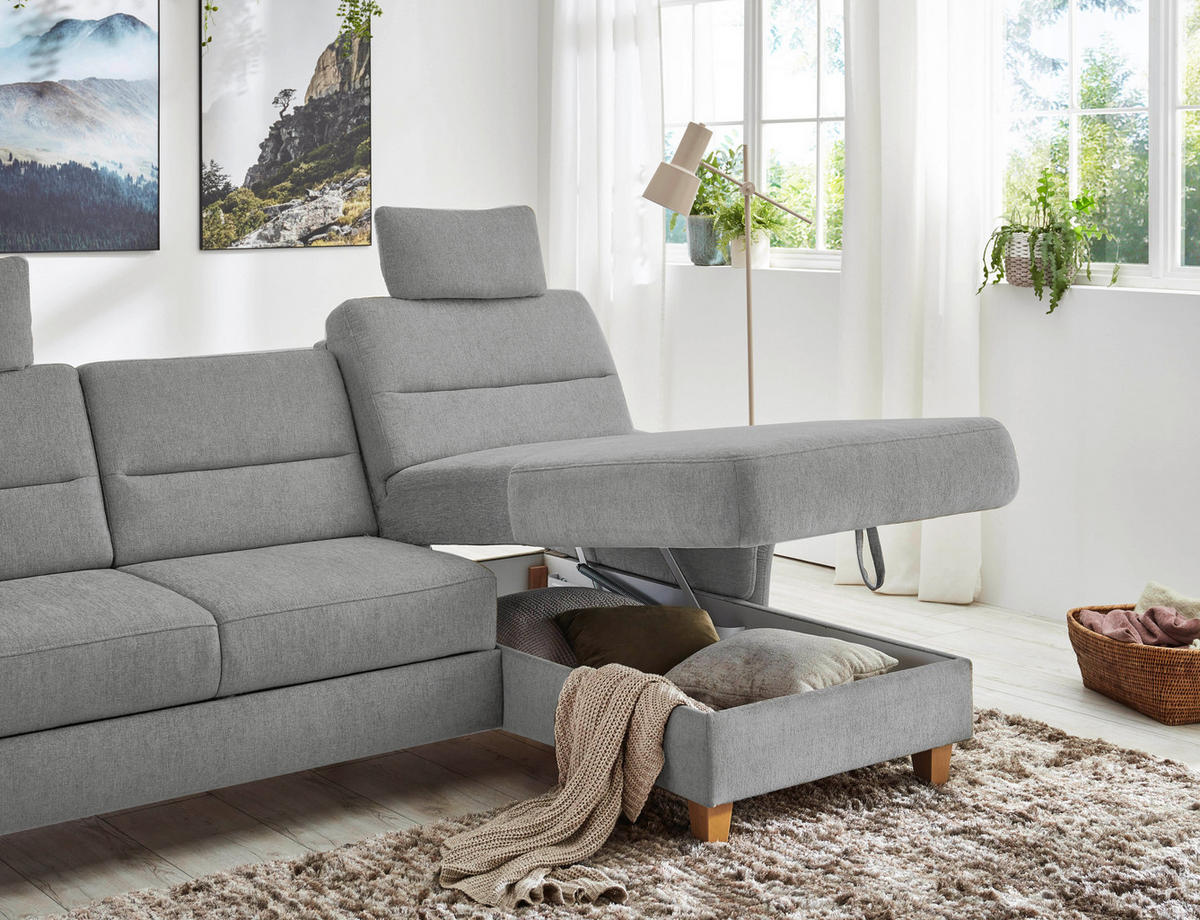 ECKSOFA in Flachgewebe Hellgrau  - Eichefarben/Hellgrau, Konventionell, Holz/Textil (252/162cm) - Sit & More