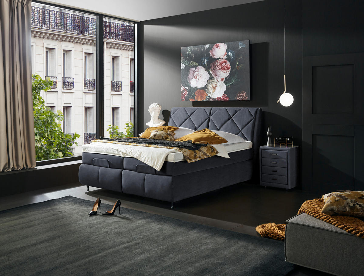 BOXSPRINGBETT 180/200 cm  in Blaugrau  - Blaugrau/Schwarz, Konventionell, Textil/Metall (180/200cm) - Dieter Knoll