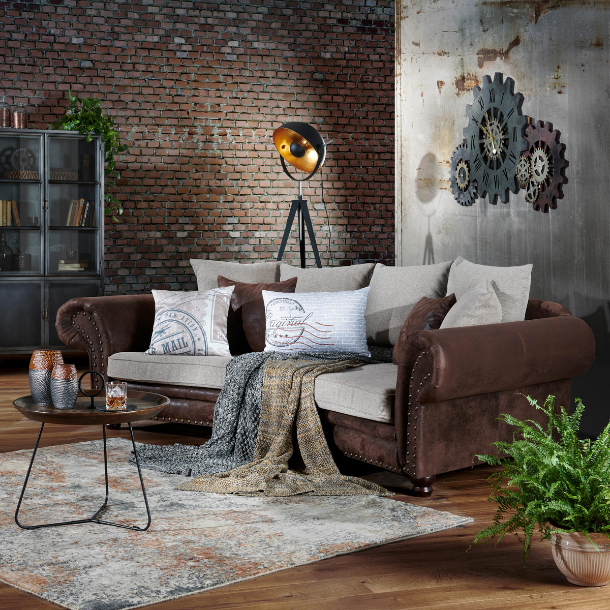 MEGASOFA in Lederlook, Webstoff Braun, Beige  - Beige/Schwarz, Romantik / Landhaus, Holz/Textil (276/81/140cm) - Landscape