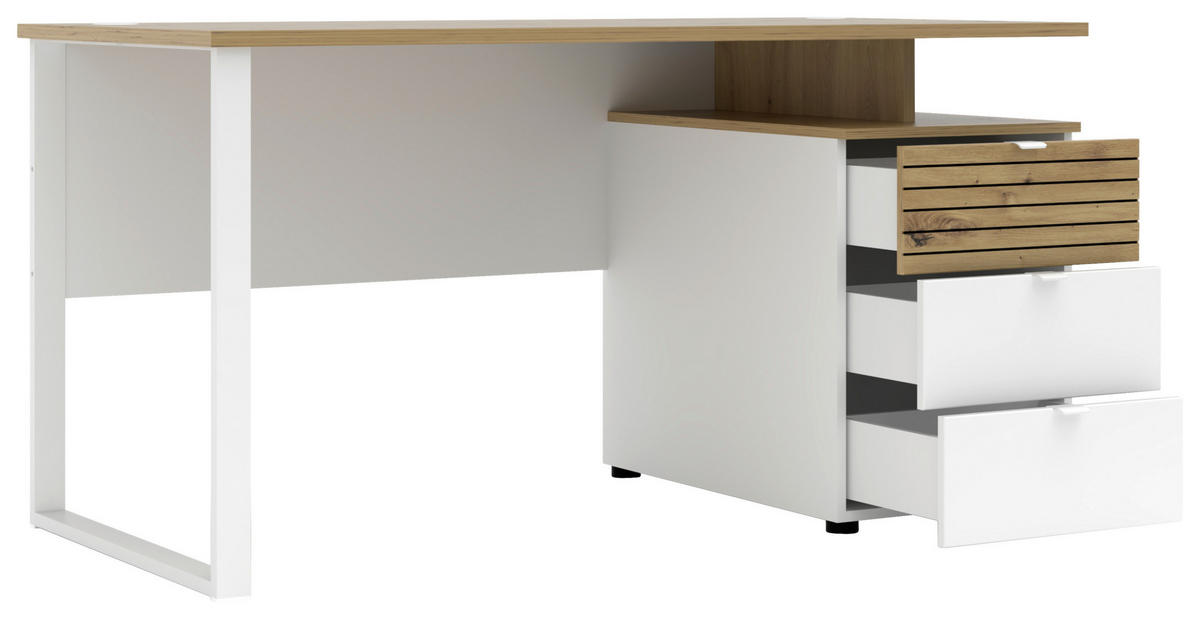 SCHREIBTISCH 150/77/73 cm Weiß, Eiche Artisan Kabeldurchlass, Stauraum  - Weiß/Eiche Artisan, KONVENTIONELL, Holzwerkstoff/Metall (150/77/73cm) - Voleo