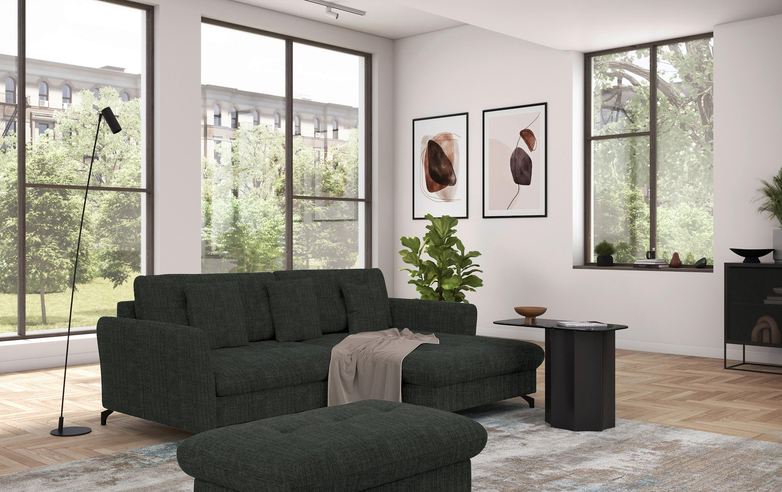 ECKSOFA in Flachgewebe, Leinenoptik Anthrazit  - Anthrazit/Schwarz, Design, Textil/Metall (242/170cm) - Xora