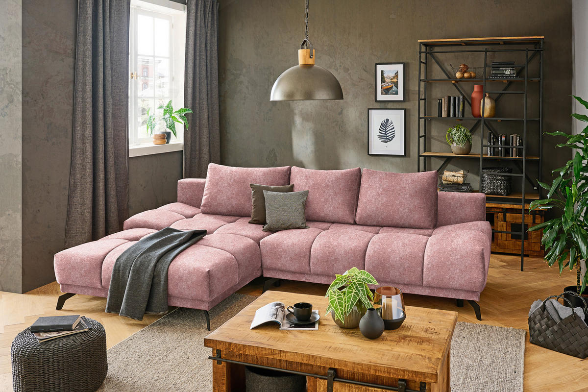 ECKSOFA in Chenille Altrosa  - Schwarz/Altrosa, Modern, Textil/Metall (182/290cm) - Hom`in