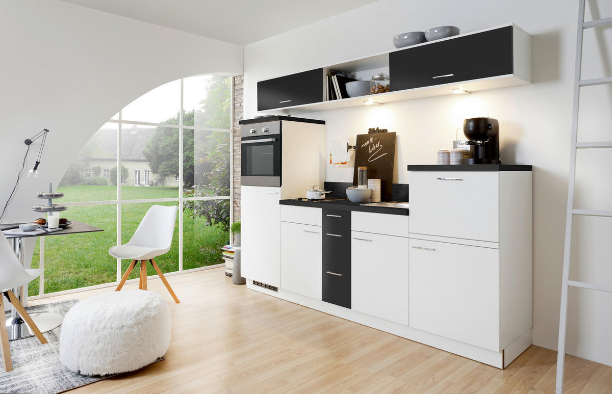 KÜCHENBLOCK 250 cm   in Schwarz, Weiß  - Edelstahlfarben/Schwarz, Design, Holzwerkstoff/Metall (250cm) - Welnova