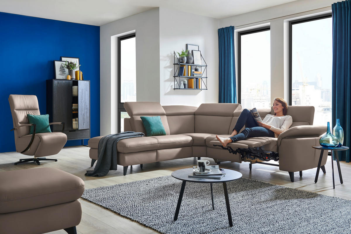 ECKSOFA in Echtleder Fango  - Fango/Schwarz, Design, Leder/Metall (239/285cm) - Cantus