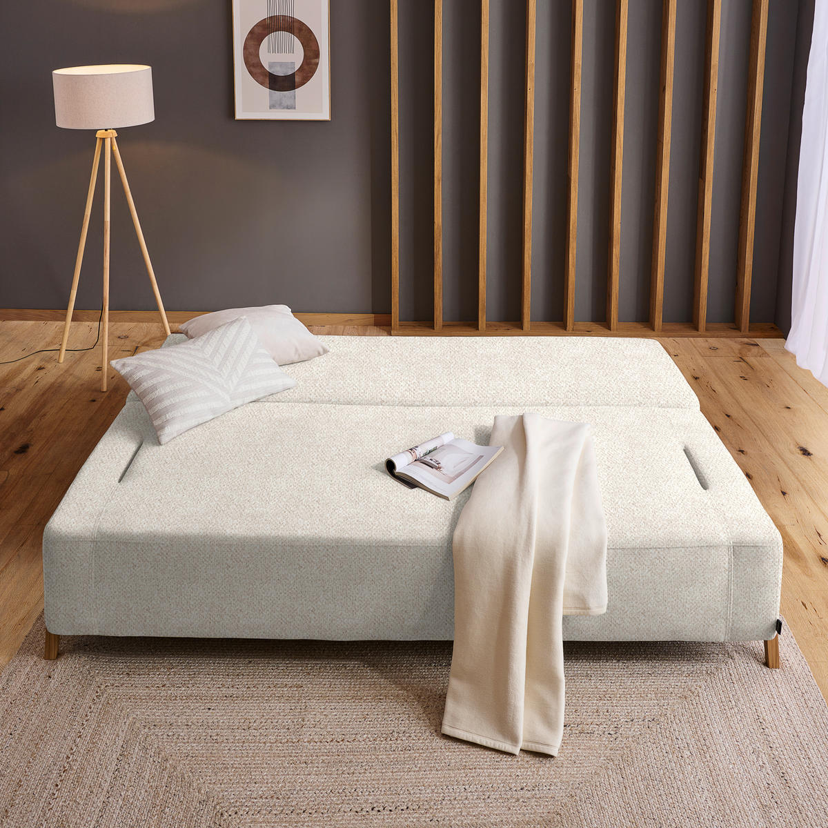 SCHLAFSOFA Bouclé Creme  - Creme/Naturfarben, Design, Holz/Textil (211/88/102cm) - Niels Andersson