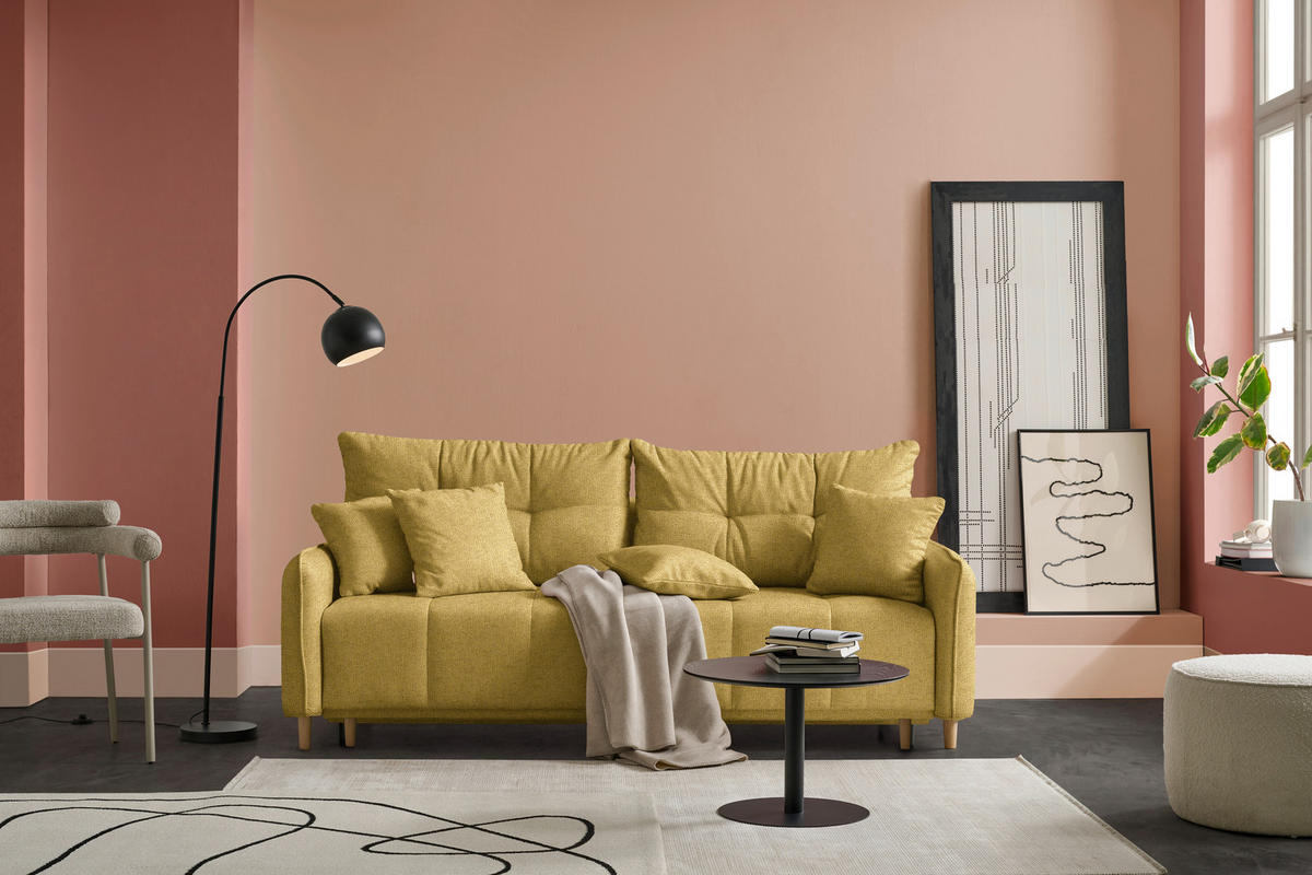 SCHLAFSOFA  in Chenille Currygelb  - Currygelb/Buchefarben, Design, Holz/Textil (217/97/101cm) - Carryhome