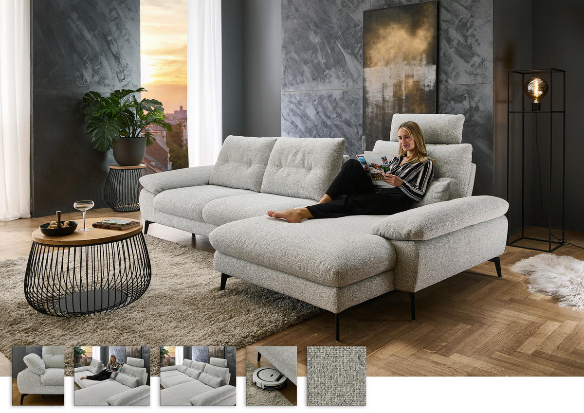 ECKSOFA Hellgrau Flachgewebe  - Hellgrau/Schwarz, Design, Textil/Metall (303/168cm) - Valdera