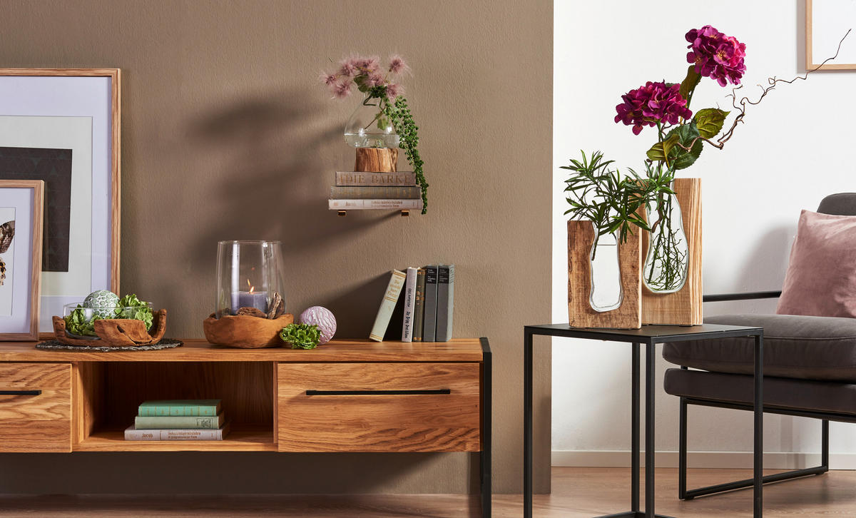 MÉCSESTARTÓ - tíkfa/átlátszó, Lifestyle, Üveg/fa (23,00/27,00/23,00cm) - Leonardo