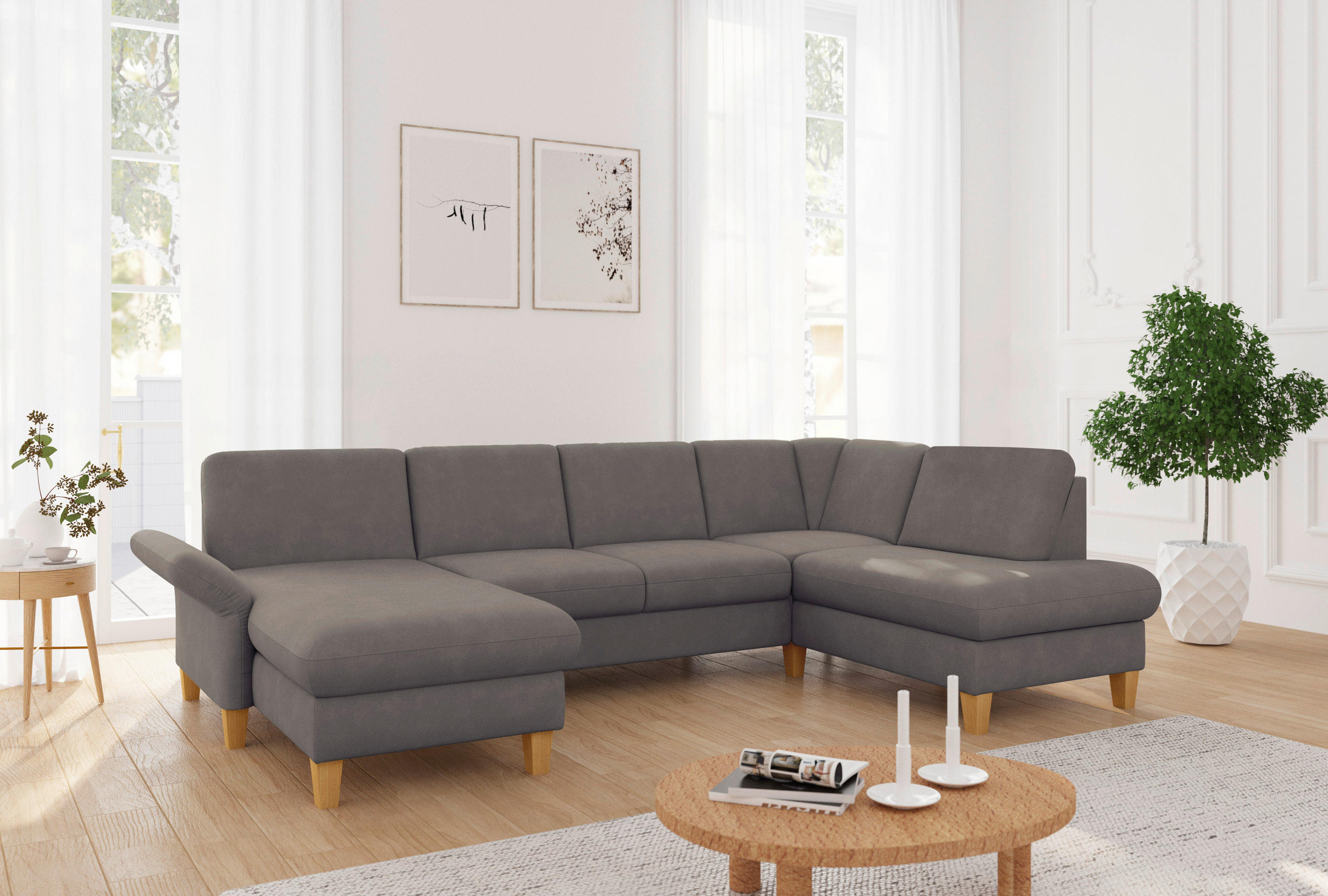 WOHNLANDSCHAFT Schlammfarben Flachgewebe  - Schlammfarben/Eichefarben, KONVENTIONELL, Holz/Textil (164/314/195cm) - Sit & More