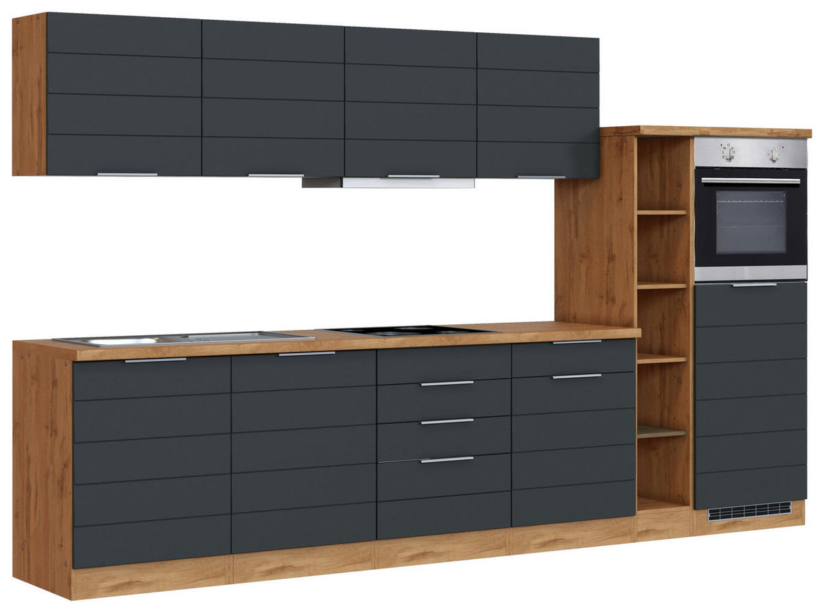 KÜCHENBLOCK 330 cm   in Grau, Eiche Wotan  - Eiche Wotan/Grau, Design, Holzwerkstoff/Metall (330cm) - Held