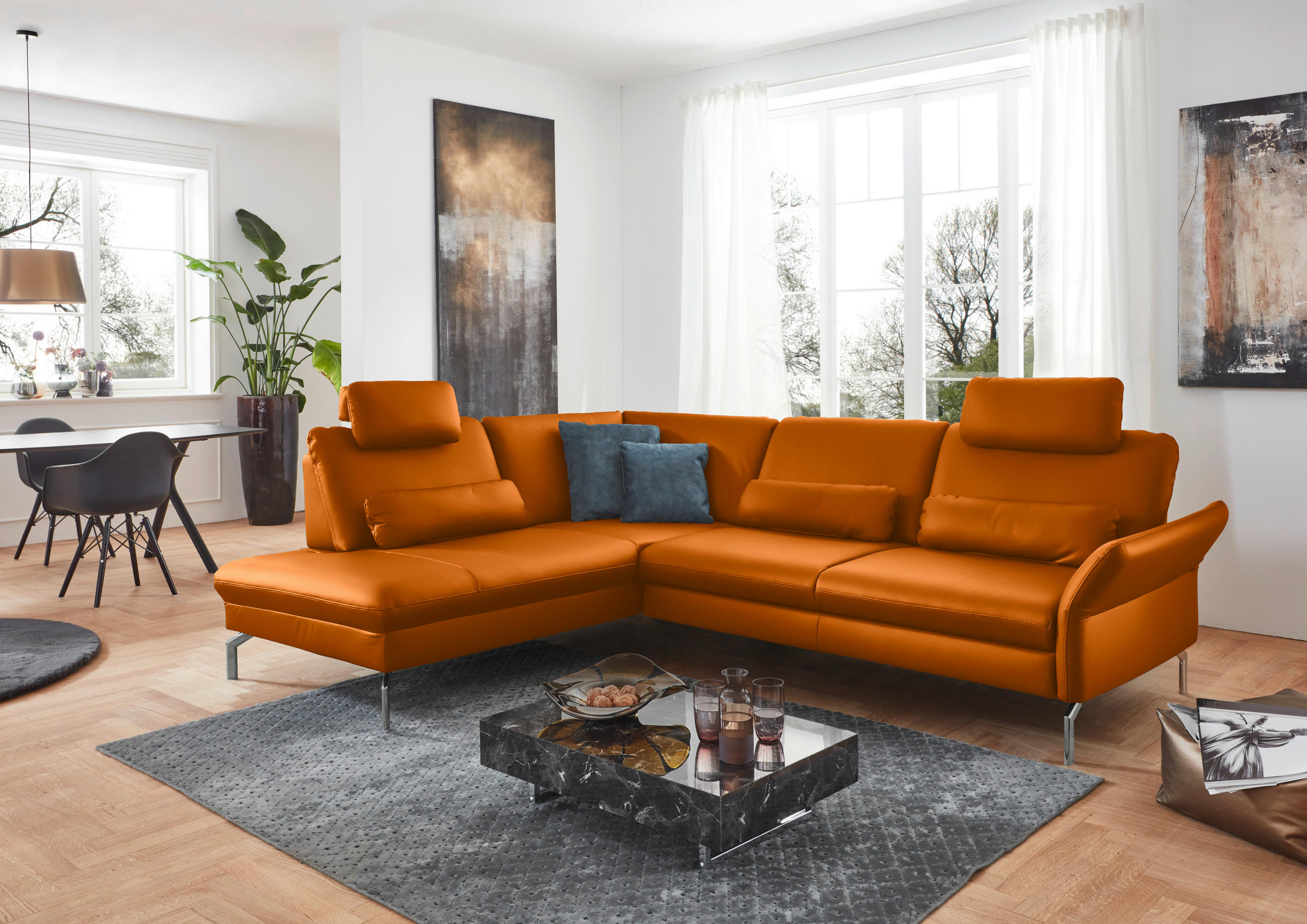 ECKSOFA in Echtleder Orange  - Alufarben/Orange, Konventionell, Leder/Metall (220/284cm) - Beldomo Premium
