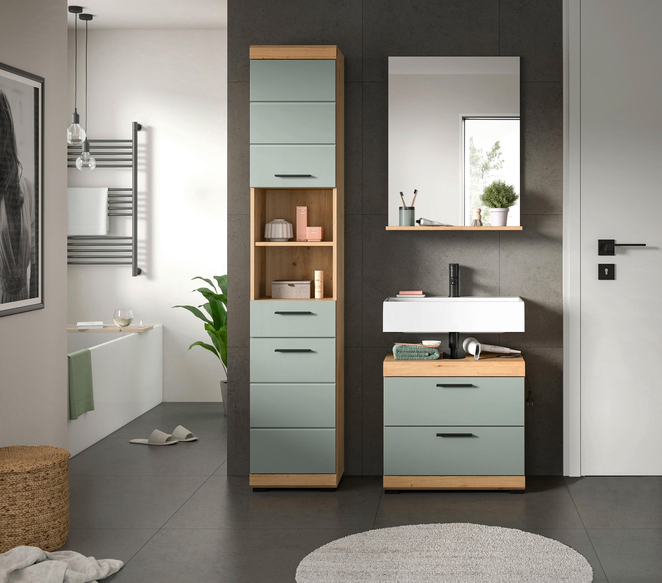 Mid.you Badezimmer Salbeigrün, Eiche Artisan 112 cm
