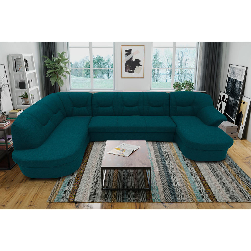 Thumbnail - Mid.you Wohnlandschaft, Dunkelblau, Textil, Uni, 5-Sitzer, U-Form, Ottomane links, 295x180 cm, Made in EU, FSC Mix, Rück...