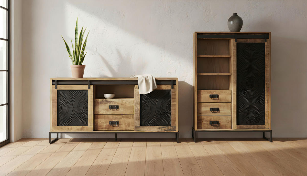 HIGHBOARD  100/150/40 cm 3 Schublade(n)  - Schwarz/Naturfarben, LIFESTYLE, Holz/Metall (100/150/40cm) - Landscape
