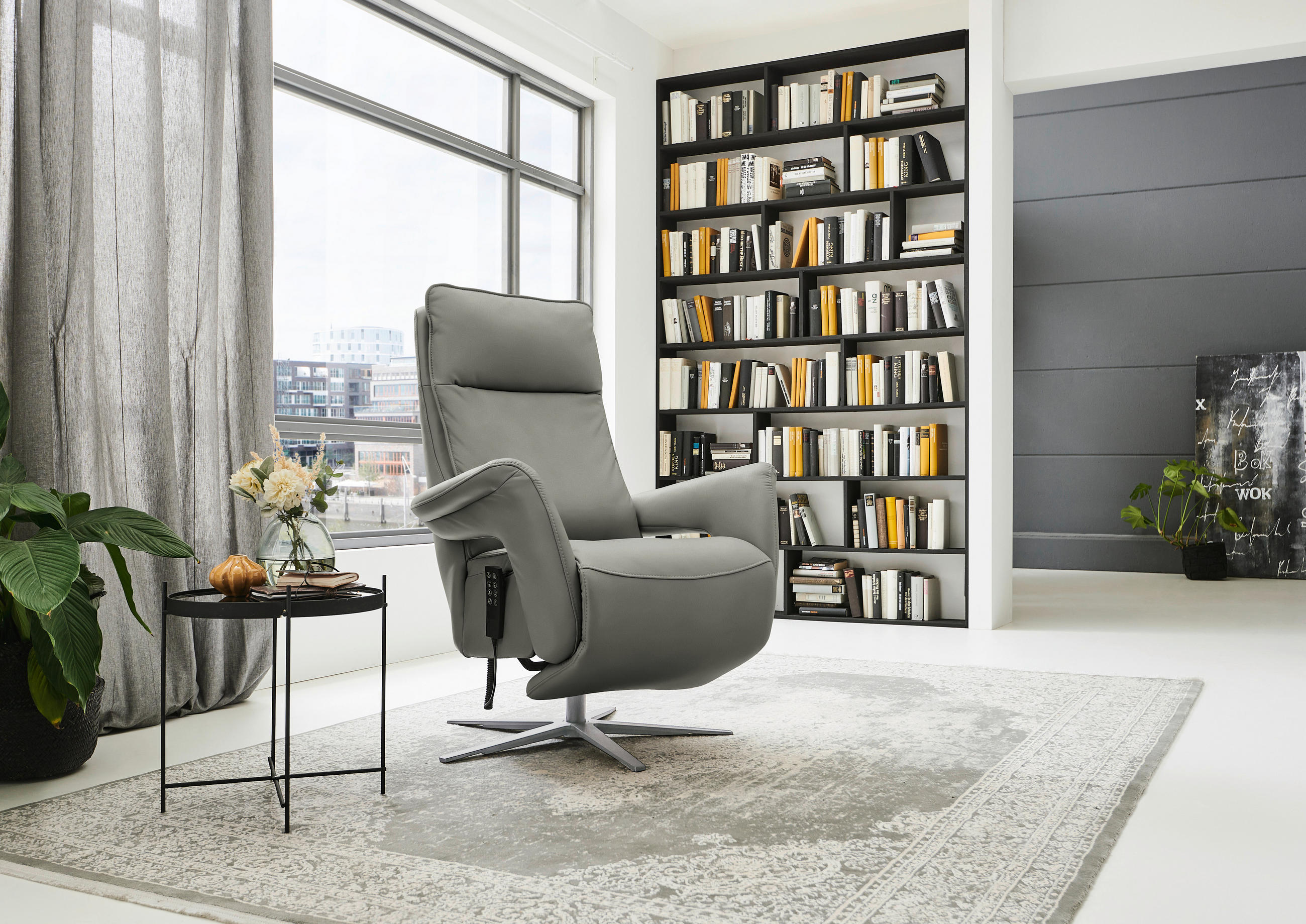 RELAXSESSEL in Leder Grau  - Edelstahlfarben/Grau, Design, Leder/Metall (79-83/116/87-176cm) - Valdera