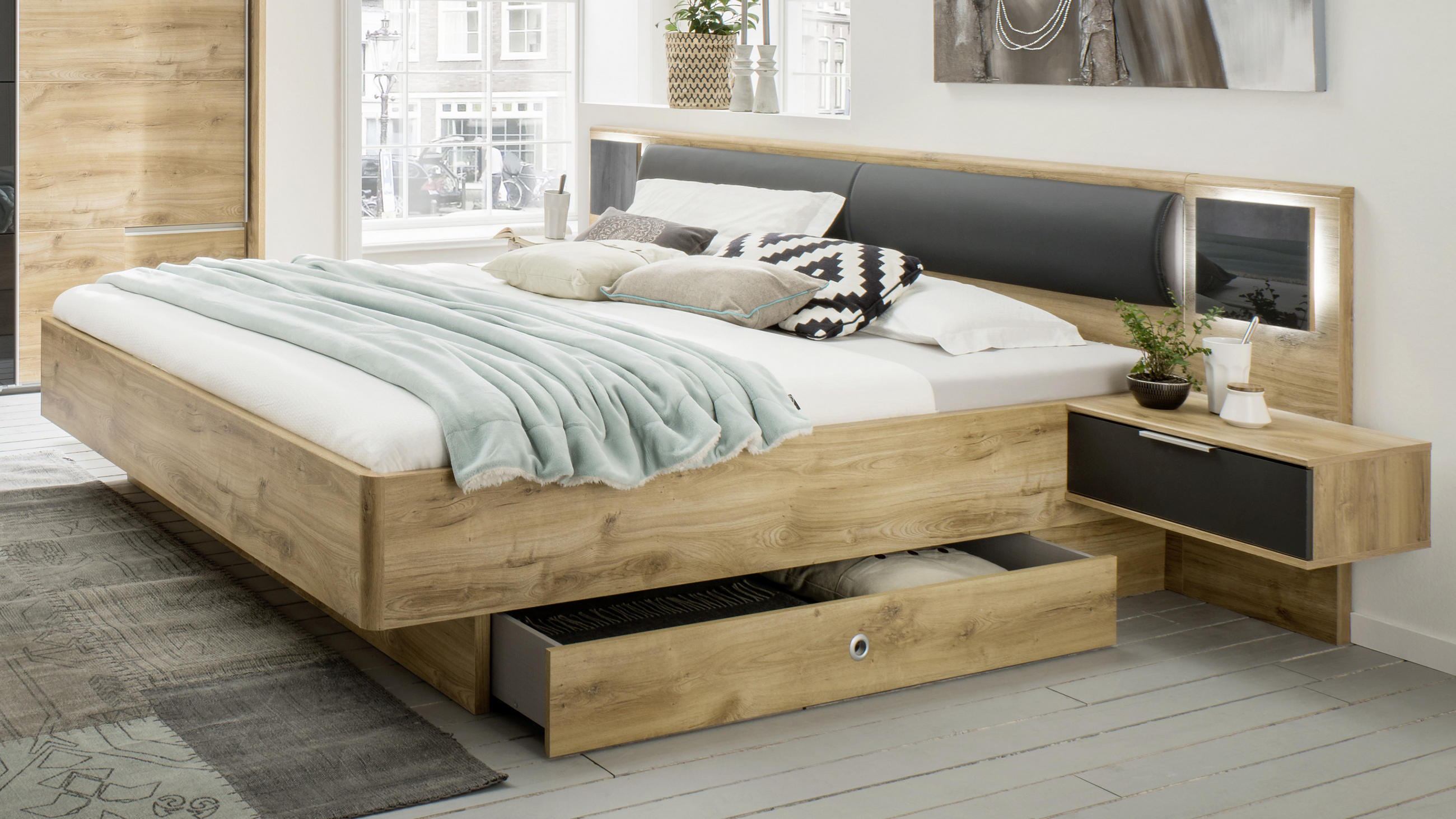 BETTANLAGE - Plankeneiche/Dunkelgrau, KONVENTIONELL, Glas/Textil (180/200cm) - Carryhome
