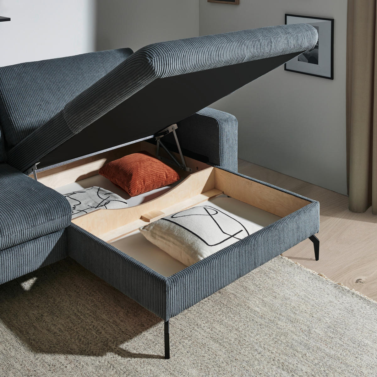 ECKSOFA in Cord Graphitfarben  - Schwarz/Graphitfarben, Design, Textil/Metall (302/180cm) - Venda