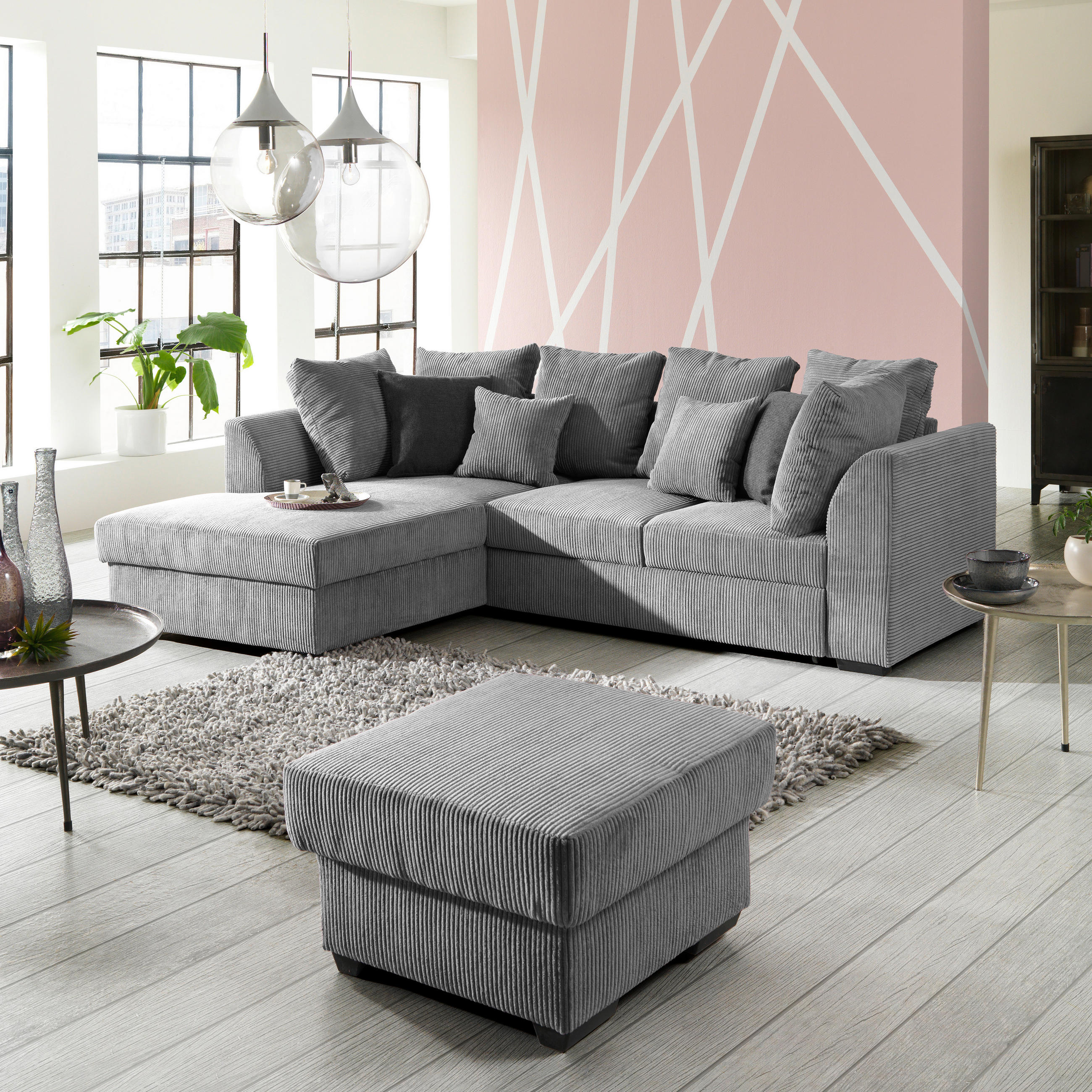ECKSOFA inkl.Funktionen Hellgrau Cord  - Hellgrau/Schwarz, Design, Kunststoff/Textil (174/259cm) - Cantus