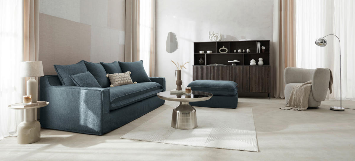 HUSSEN-3-SITZER-SOFA Bouclé Blau  - Blau/Schwarz, Trend, Kunststoff/Textil (227/92/105cm) - Livetastic
