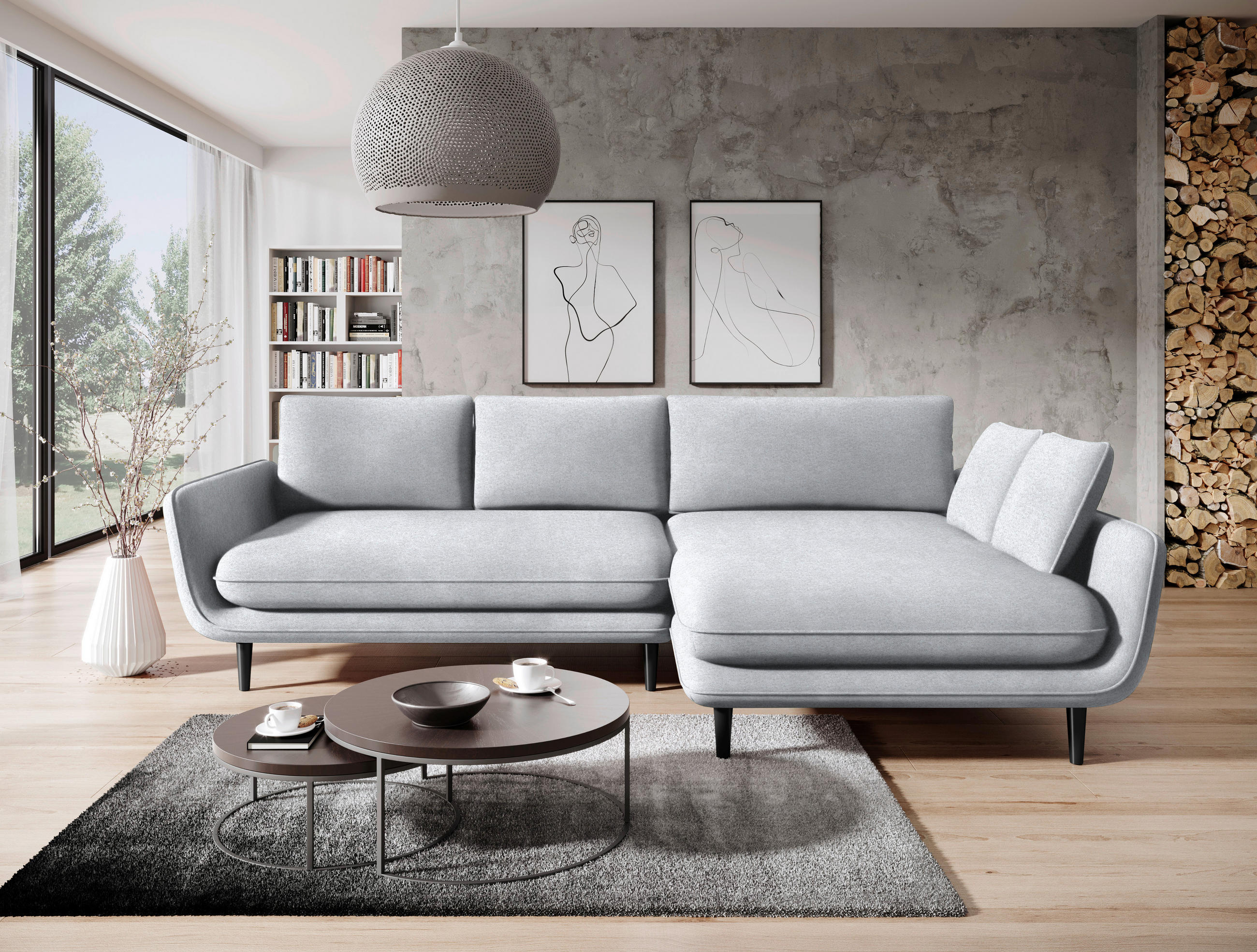 ECKSOFA in Velours Silberfarben  - Silberfarben/Schwarz, Design, Holz/Textil (260/167cm) - Welnova