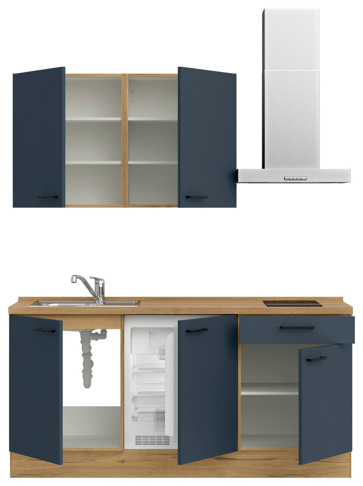 KÜCHENBLOCK 180 cm   in Eichefarben, Dunkelblau  - Eichefarben/Schwarz, MODERN, Holzwerkstoff/Metall (180cm) - Nobilia