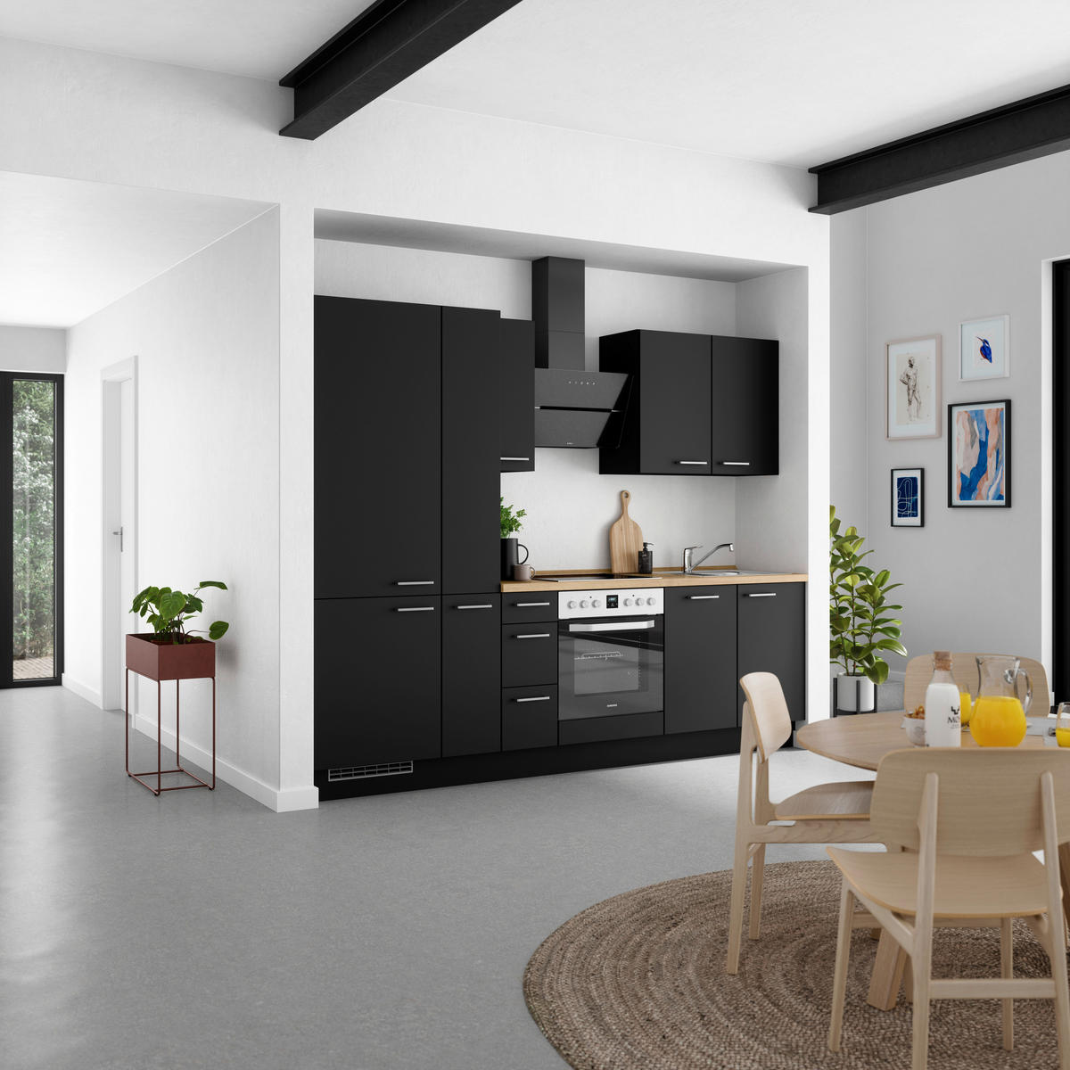 KÜCHENBLOCK 270 cm   in Schwarz, Eichefarben  - Edelstahlfarben/Eichefarben, MODERN, Holzwerkstoff/Metall (270cm) - Nobilia