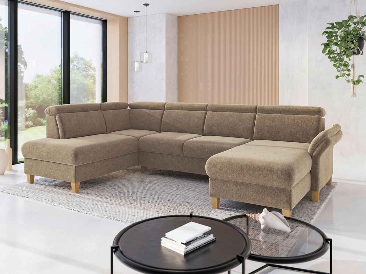 WOHNLANDSCHAFT GLENDALE E Hellbraun Flachgewebe  - Hellbraun/Eichefarben, KONVENTIONELL, Holz/Textil (193/321/166cm) - Sit & More