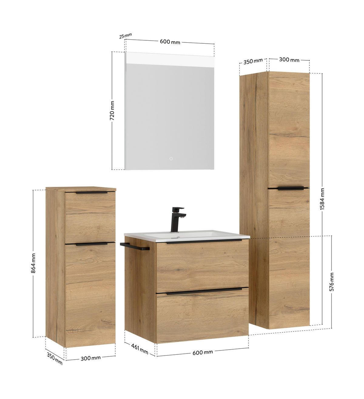 BADEZIMMER  in 61 cm  - Eichefarben/Schwarz, MODERN, Holzwerkstoff/Stein (61cm) - Nobilia