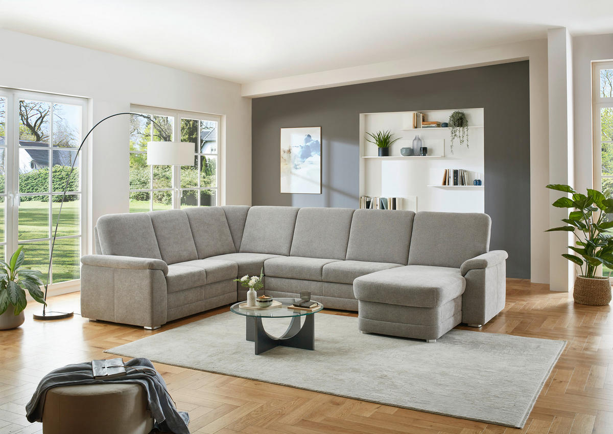 WOHNLANDSCHAFT Chenille Hellgrau  - Hellgrau/Alufarben, Konventionell, Holz/Textil (235/329/160cm) - Beldomo Comfort