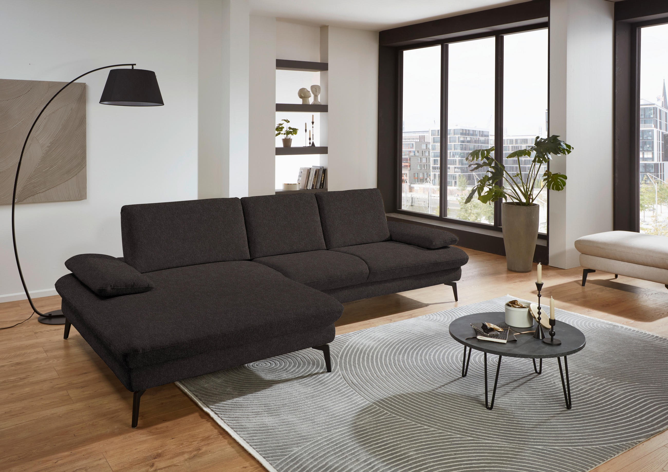 ECKSOFA in Chenille, Mikrofaser Mokka  - Schwarz/Mokka, Design, Textil/Metall (157/299cm) - Dieter Knoll