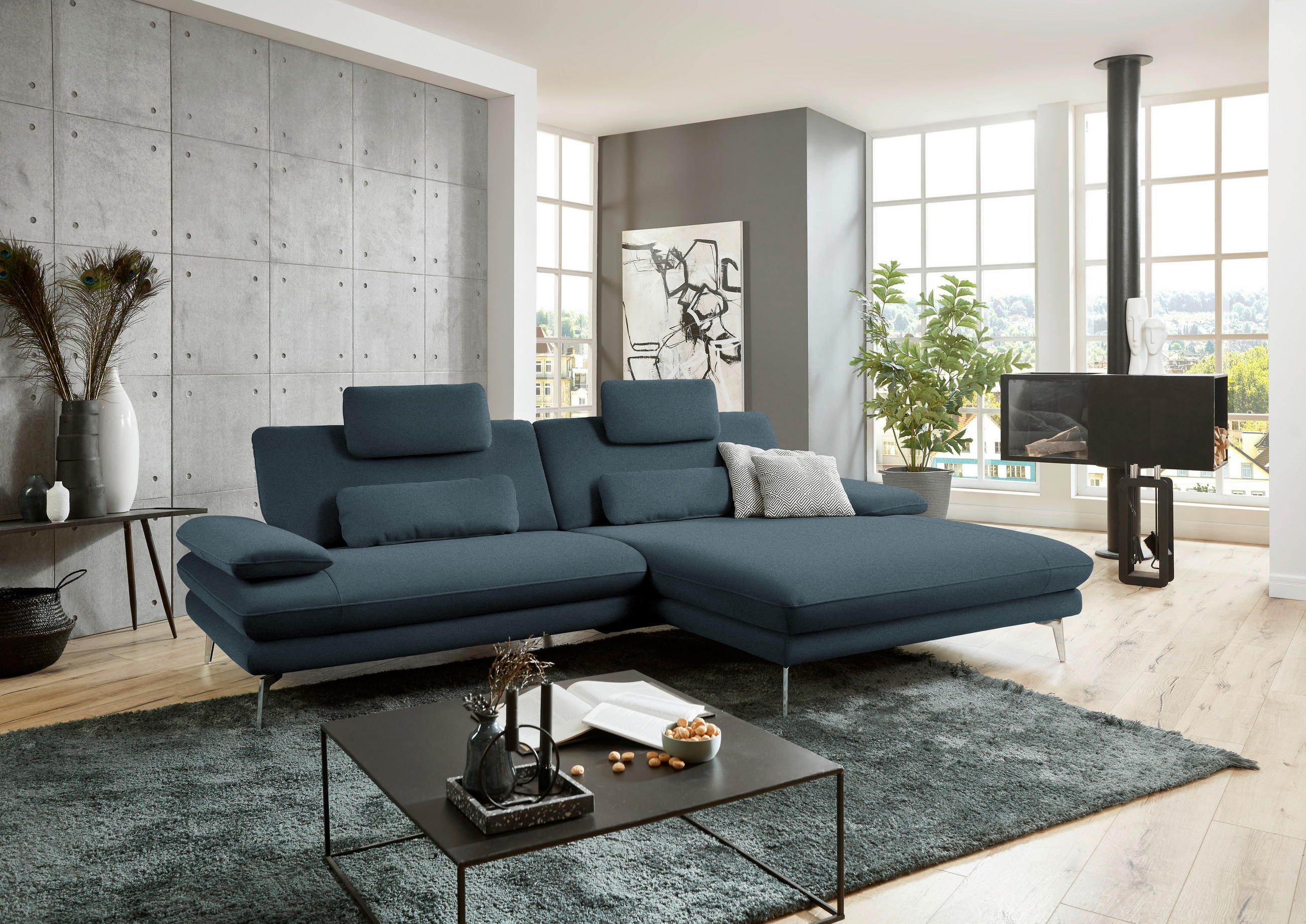 ECKSOFA in Webstoff Dunkelblau  - Schwarz/Dunkelblau, Design, Textil/Metall (284/184cm) - Dieter Knoll