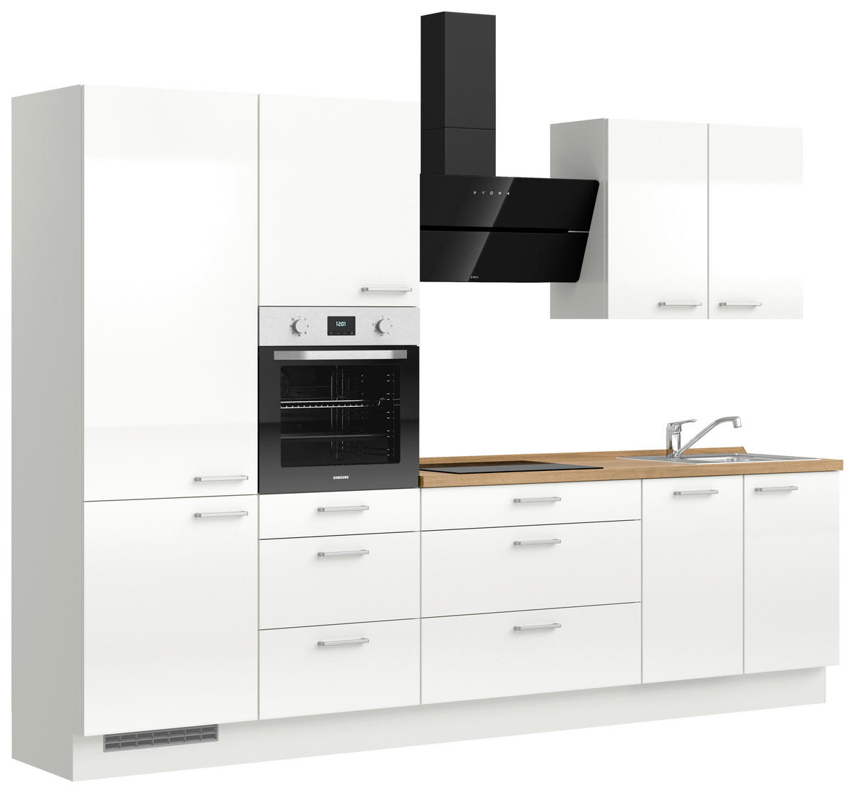 KÜCHENLEERBLOCK 300 cm   in Eichefarben, Weiß Hochglanz  - Edelstahlfarben/Eichefarben, MODERN, Holzwerkstoff/Metall (300cm) - Nobilia