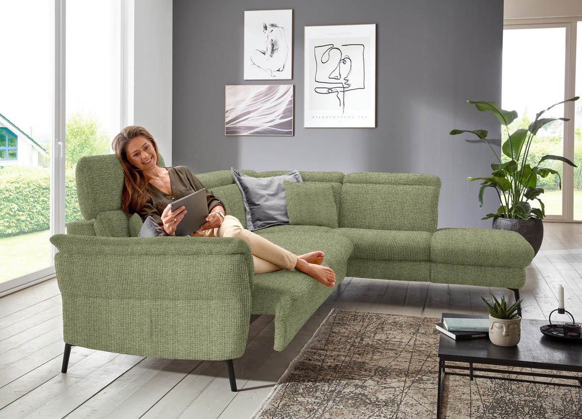 ECKSOFA in Struktur Grün  275/235 cm  - Schwarz/Grün, MODERN, Textil/Metall (275/235cm) - Cantus