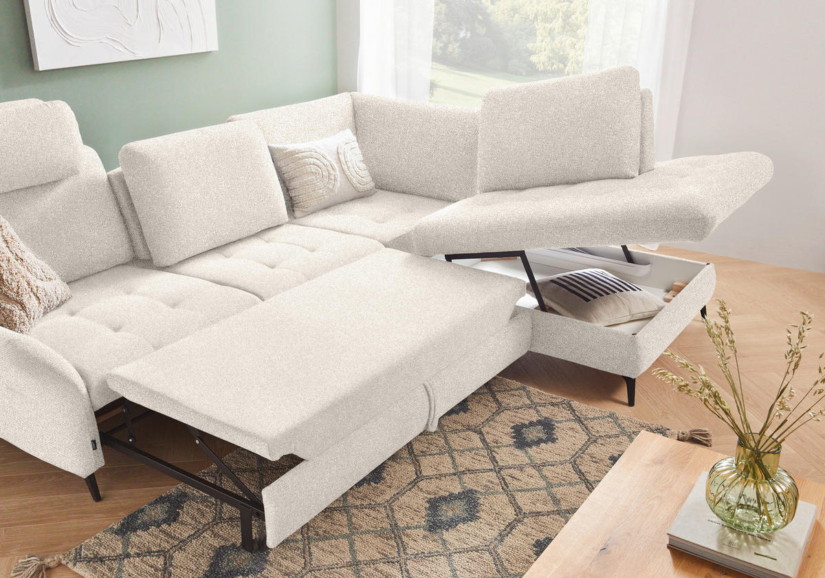 ECKSOFA in Bouclé Creme  - Creme/Schwarz, Natur, Textil/Metall (288/233cm) - Valnatura
